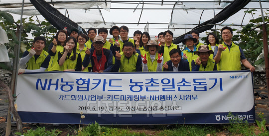 19일 농촌일손돕기 봉사활동에 참여한 NH농협카드 임직원들이 기념사진을 촬영하고 있다. NH농협카드 제공.